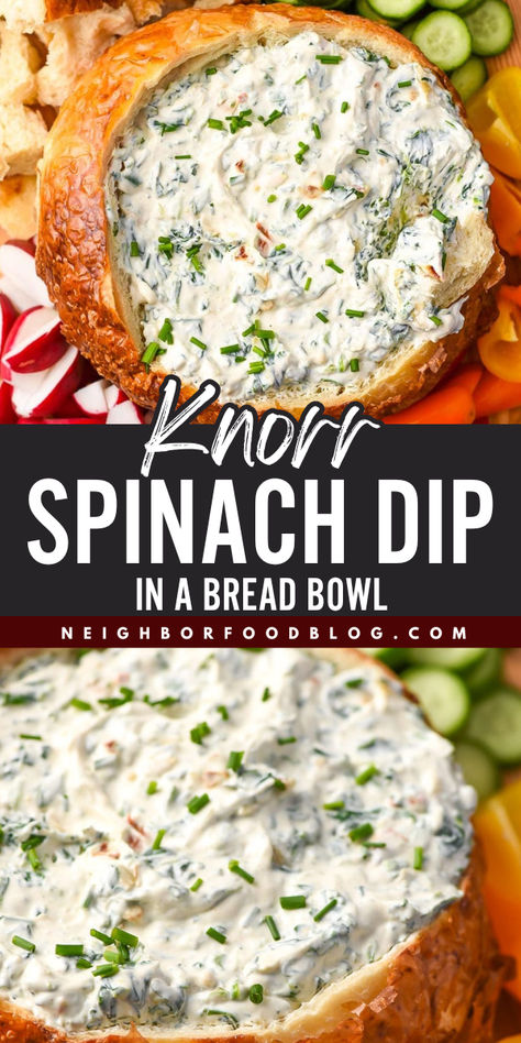 Want more Easter party food ideas? This Knorr spinach dip recipe is basically fail-proof! Cool and creamy, this spinach dip in a bread bowl is sure to be a hit. Serve this kid-friendly Easter appetizer with bread, vegetables, chips, and more! Spinach Dip Serving Ideas, Cold Spinach Dip In Bread Bowl, Easy Cold Spinach Dip, Spinach Dip With Knorr Vegetable, Spinach Bread Bowl Dip, Bread Dips Recipes Appetizers, Bread Bowl Recipe Dip, Spinach Dip Knorr Recipe, Easter Spinach Dip