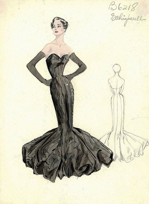 Schiaparelli Dress, Vintage Fashion Sketches, Silhouette Mode, Fashion Design Inspiration, Inspo Art, Fashion Designers Famous, Elsa Schiaparelli, Fashion Sketchbook, Fashion Illustration Sketches