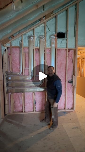 Evan Topilow on Instagram: "When vaulted ceilings prevent you from running ductwork in the traditional manner, we got creative. The HVAC unit supplying the second floor is located in the attic and the supply vents are typically in the ceiling. The only way to pass through this space was to come from the attic and run it down a double wall. —————————————- Architect: @gra.designstudio Designer: @ahdandco Insulation: @easterncontractorservices HVAC: @brighton_air_corp Lumberyard: @buildersgeneral Project Management: @buildbookhq ———————————- #hvac #ductwork #newconstruction #builder #insulation #finehomebuilding #sprayfoam #fiberglass #framing #framer #westfieldnj #scotchplainsnj #journaloflightconstruction #newjersey #njrealestate #209central #construction #contractor #homeimp Hvac System Design, Vaulted Ceiling Ideas, Hvac Ductwork, Hvac Design, Attic Ventilation, Hvac Unit, Eclectic Wall Art, Vaulted Ceilings, Spray Foam