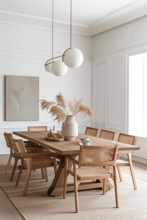 Neutral modern dining room decor with wood dining table and rattan dining chairs Modern Dining Room Decor, Dining Room Decor Modern, Neutral Dining Room, Rattan Dining Table, Dining Room Design Modern, Minimalist Dining Room, Dinning Room Design, Dinner Room, Rattan Dining