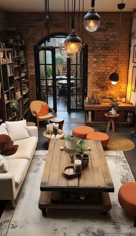 Embark on a journey through an industrial loft with an exposed brick living room showcasing the raw beauty of concrete floors, steel accents, and a palette of industrial greys and muted earth tones. Dive into the urban-cool vibe at Nymphs Daily Blog. Industrial Brick Wall Living Room, Brick Loft Apartment Decor, Exposed Brick Office, Brick Living Room Wall, Exposed Brick Walls Living Room, Rustic Industrial House, Brick Loft Apartment, Urban Living Room Ideas, Soft Industrial Decor