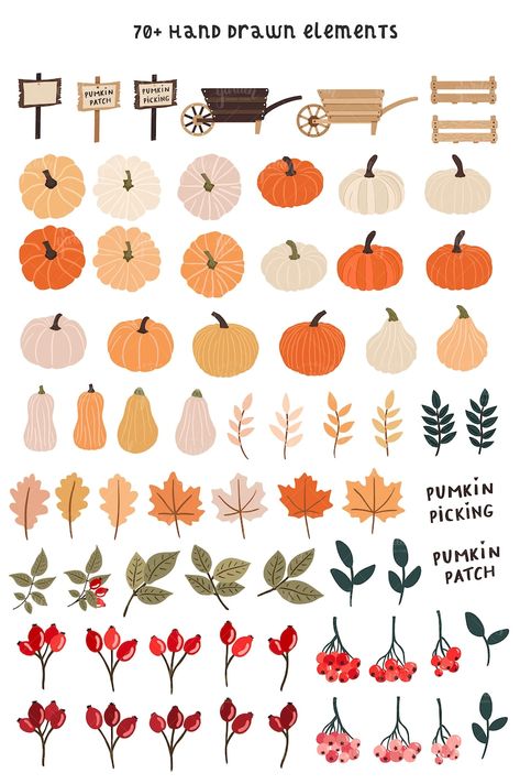 Fall Items Drawing, Fall Flowers Clipart, Fall Leaves Pumpkin Painting, Pumpkin Patch Doodle, Fall Procreate Ideas, Cute Fall Clipart, Fall Seamless Pattern, Art Palette Drawing, Fall Hand Lettering