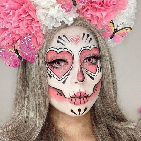 Pink Dia De Los Muertos Makeup Ideas, Pink Catrina Makeup, Catrina Makeup Ideas, Haloween Mackup Ideas, Catrina Makeup, Halloween Makeup Sugar Skull, Dead Makeup, Creepy Halloween Makeup, Cute Halloween Makeup