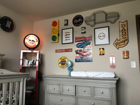 Boys Car Corvette Garage Nursery Car Nursery Decor, Classic Cars Nursery Theme, Nursery Ideas Cars, Classic Car Nursery, Vintage Car Themed Nursery, Baby Boy Nursery Car Theme, Race Car Nursery Theme, Car Nursery Ideas Boy, Car Nursery Ideas