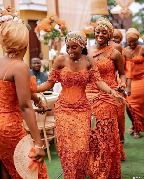 Stunning And Best Styles For Burnt Orange Asoebi Fabrics. Nigerian Bridesmaid Dresses, Burnt Orange Bridesmaid, Lace Styles For Wedding, African Bridesmaids, Burnt Orange Bridesmaid Dresses, Aso Ebi Lace Styles, Nigerian Wedding Dress, African Bridesmaid Dresses, Nigerian Dress