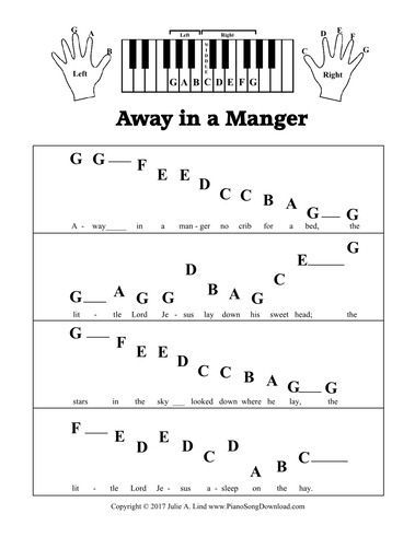 Away in a Manger Pre-Staff printable sheet music for beginning piano lessons. Piano Music With Letters, Christmas Piano Sheet Music, Beginning Piano, Sheet Music With Letters, Piano Songs For Beginners, Piano Sheet Music Letters, Piano Learning, Beginner Piano Music, Piano Music Easy