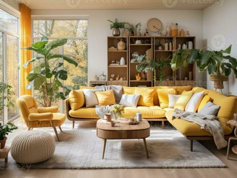 Yellow Aesthetic Living Rooms, Yellow Sofa Living Room Colour Palettes, Yellow Sitting Room, Yellow Couch Living Room, Yellow Sofas, Yellow Decor Living Room, Colorful Living Room, Yellow Couch, Den Decor