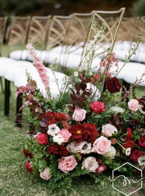 Red And Pink Wedding Palette, Hot Pink And Burgundy Wedding, Red And Pink Wedding Flowers, Aisle Arrangements, Pink And Burgundy Wedding, Wedding Ceremony Aisle, Flower Arragement, Berry Tones, Ceremony Aisle