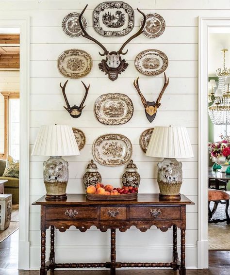 7 Unique Gallery Wall Scroll Stoppers - Liz Marie Blog Recovering Chairs, Camp Design, Taxidermy Decor, Deer Heads, River Camp, Rearranging Furniture, Country Manor, Unique Gallery Wall, Plate Wall Decor