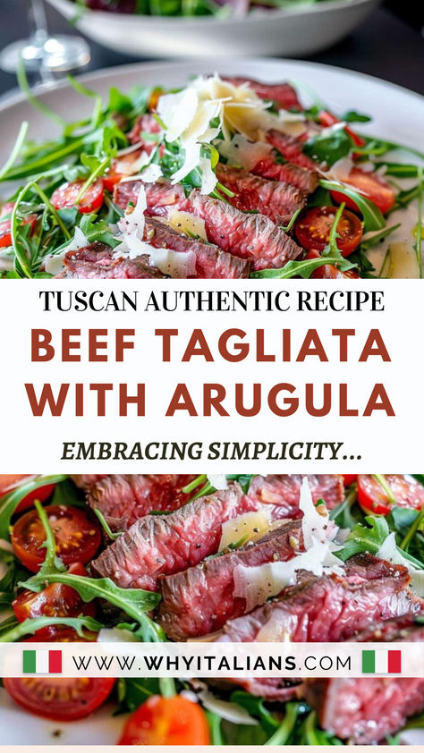 Seeking Tuscan Traditional Recipes? Look no further than Beef Tagliata, where tender sirloin, fresh arugula, and succulent cherry tomatoes dance on your palate, adorned with Parmesan shavings. Save this pin for later and satisfy your cravings! 🌿🥩🍅 Beef Recipes Mediterranean, Beef Tagliata Recipe, Beef Steak Tomatoes Recipes, Authentic Tuscan Recipes, Traditional Tuscan Recipes, Tuscan Recipes Authentic, Tuscan Steak Recipe, Steak Tagliata, Tuscan Dinner Party