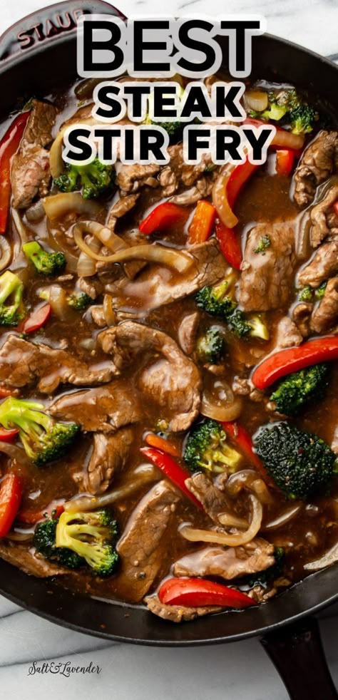 a cast iron skillet with stir fry and text overlay that reads best steak stir fry Beef Stir Fry Sauce, Steak Stirfry Recipes, Easy Beef Stir Fry, Stir Fry Recipes Healthy, Stir Fry Sauce Recipe, Steak Stir Fry, Wok Recipes, Beef Stir Fry Recipes, Easy Stir Fry Recipes