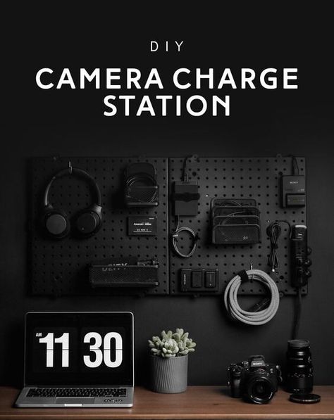 DIY Matte Black Camera Charging Station — Becki and Chris Home Study Rooms, Basement Studio, Diy Camera, Studio Office, Power Bars, Home Study, Study Rooms, Command Strips, Peg Board