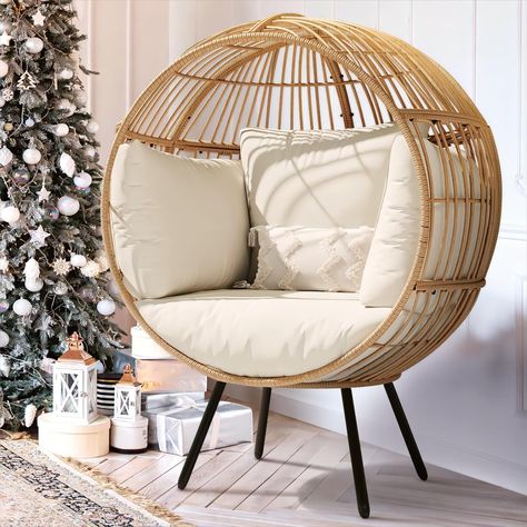 PRICES MAY VARY. Durable and Reliable Construction - With a strong, black powder-coated frame and a four-legged base, this egg chair can support up to 370lbs, ensuring a stable and secure lounging experience for you. Ultimate Comfort - The circular shape and soft padded cushions of this egg chair fully surround and support the occupant, providing a cozy and comfortable experience from every angle. It creates a cocoon-like sensation that promotes relaxation, making it perfect for unwinding after Wicker Indoor Furniture, Wicker Egg Chair, Egg Chairs, Basket Chair, Beige Chair, Balcony Bedroom, Round Chair, Outdoor Wicker, Modern Round