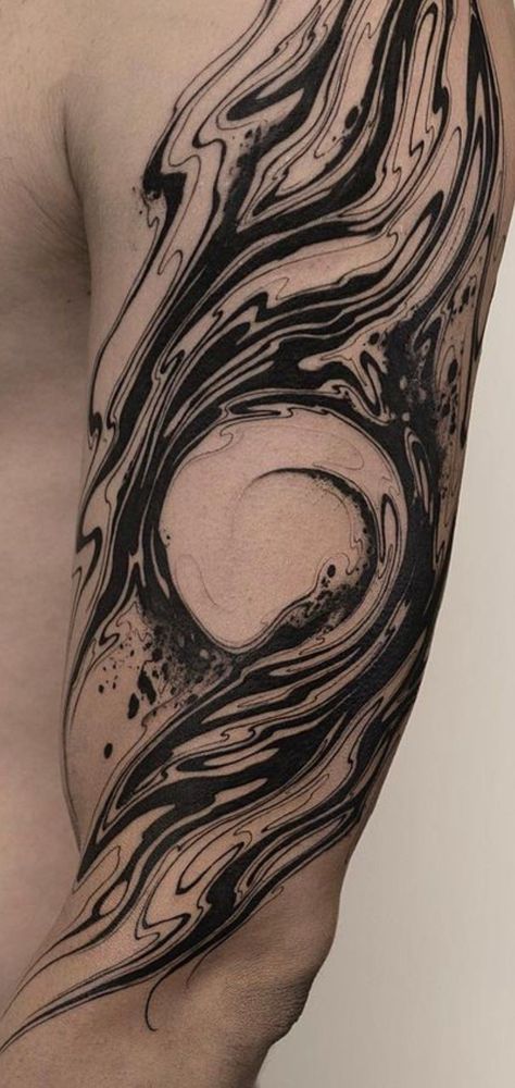 Tattoo Theme Ideas, Negative Tattoo Sleeve, Tattoos Hands, Abstract Sleeve Tattoos For Guys, Abstract Shoulder Tattoo Men, Fluid Tattoo Design Arm, Gothic Sleeve Tattoo, Men’s Abstract Tattoo, Dark Abstract Tattoo