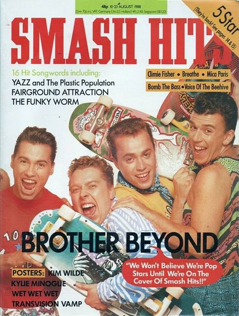 80s pop band Brother Beyond on the front cover of Smash Hits magazine in August 1988. Smash Hits Magazine, Transvision Vamp, Magazine Cover Page, Film Dvd, On My Knees, Pop Magazine, Pop Posters, Uk Music, British Invasion