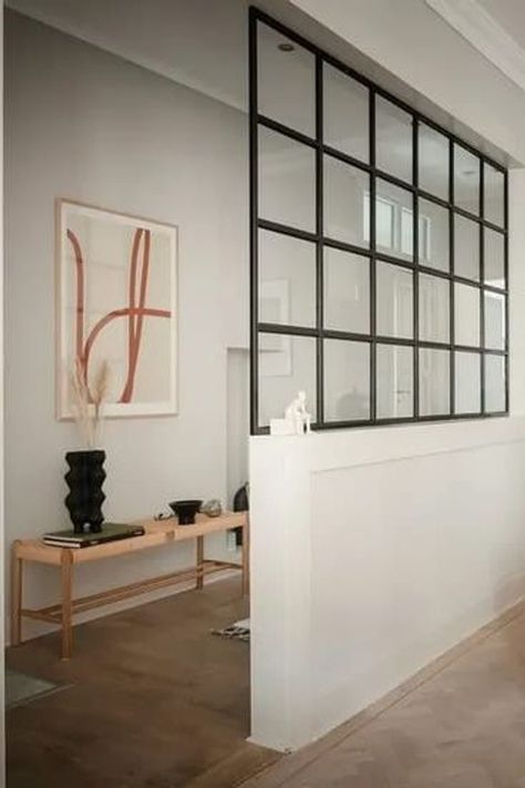 Partition Wall Ideas Space Dividers Loft, Glass Dividers For Living Room, Half Glazed Internal Wall, Glass Window Interior Wall, Metal And Glass Room Divider, Glass Walls Interior, Glass Wall Entrance, Half Wall Glass Divider, Glass Room Partions Ideas