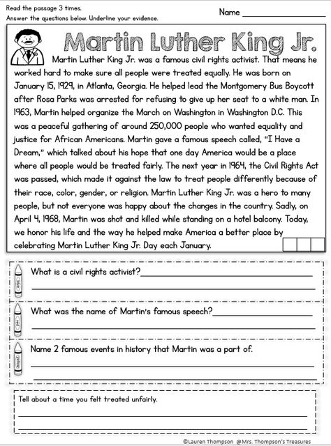 Free guided reading Martin Luther King Jr. reading comprehension and questions Martin Luther King Jr Worksheets, Martin Luther King Worksheets, Martin Luther King Activities, Martin Luther King Jr Activities, Dr Martin Luther King Jr, Mlk Jr, 2nd Grade Reading, First Grade Reading, Reading Comprehension Passages