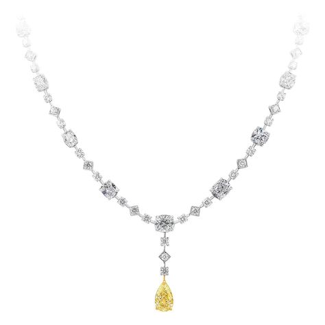 For Sale on 1stDibs - A unique and beautiful drop necklace showcasing a yellow pear shape diamond weighing 2.79 carats total, that elegantly drops from a diamonds by the yard Shifting Jewelry, 1stdibs Jewelry, Diamonds By The Yard Necklace, Diamond By The Yard, Yellow Diamond Necklace, Diamonds By The Yard, Yellow Diamond Earring, Diamond Drop Pendant, Diamond Drop Necklace