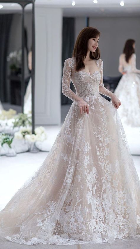 Aesthetic lace wedding dress inspo laceweddinggown elegantbride weddinginspo Champagne Wedding Gown With Sleeves, Simple Champagne Wedding Dress Vintage, Wedding Dresses For Asian Brides, Lacy Veil Brides, Simple Wedding Dress Western, Winter Bride Dress Wedding, Long Sleeve Wedding Dress Ball Gown Princesses Bridal Collection, Italian Wedding Dress Romantic, Trendy Wedding Dresses 2023