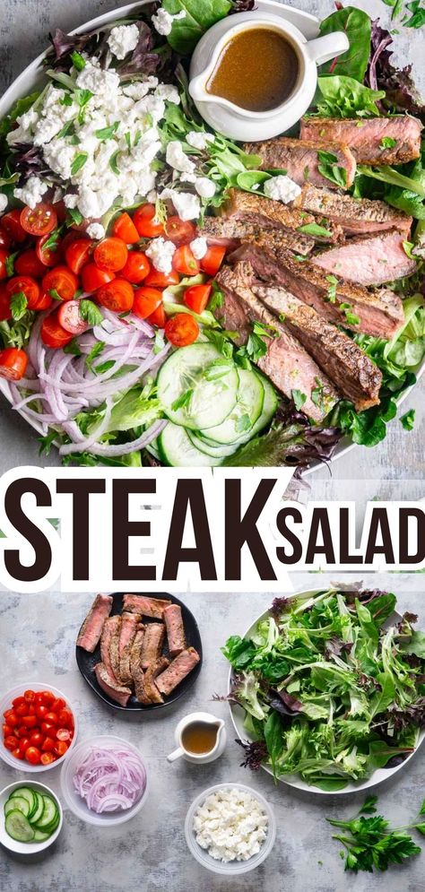 Steak salad pairs juicy steak with salad greens, tomatoes, goat cheese, and balsamic dressing for a restaurant-quality lunch or dinner at home! Steak Salad Chimichurri, Steak And Spinach Salad, Steak Salad Goat Cheese, Steak Spinach Salad, Healthy Steak Salad Recipes, Easy Steak Salad Recipe, Steak And Goat Cheese Salad, Steak Salad Ideas, Steak Salad Recipes For Dinner