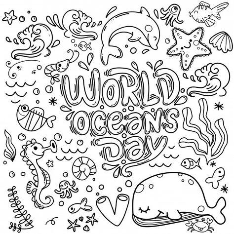 Ocean animal and plant doodle world's oc... | Premium Vector #Freepik #vector #water #nature #sea #fish Ocean Doodle Art, Doodle Art Ocean, Water Doodle Art, Under The Sea Doodles, Water Doodles, Doodle Ocean, Ocean Doodles, Motivational Coloring Pages, Doodle Fish