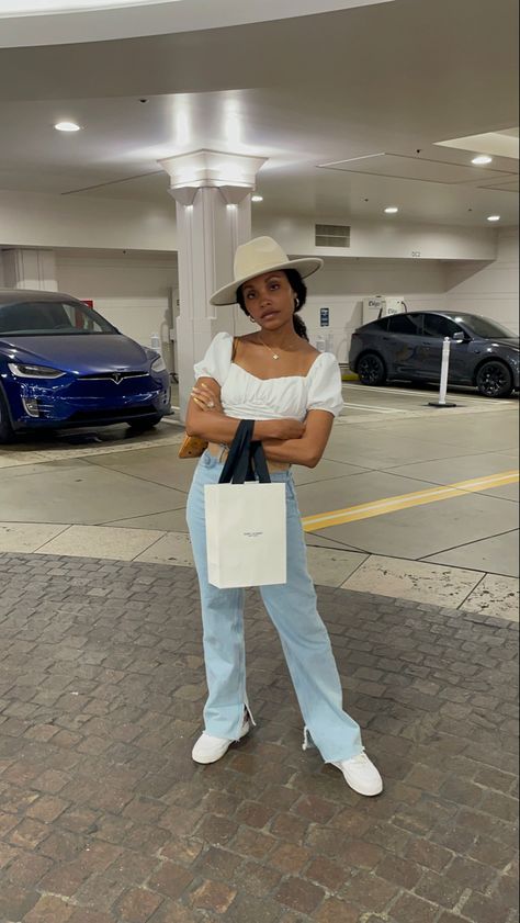 My outfit today- Forever 21 peasant style crop top, Zara jeans, and custom Nike Air Force 1s. My wide brim hat is from Forever 21 and my jewelry is from Van Cleef & Arpels. Hair is in a ponytail. Custom Nike Air Force, Nike Air Force 1s, Air Force 1s, Style Crop Top, Custom Nike, Rodeo Drive, Peasant Style, Van Cleef Arpels, Zara Jeans