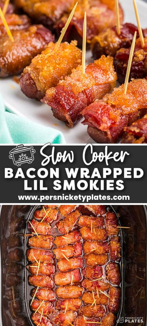 Bacon Wrapped Little Smokies are a crowd favorite and the best part is, you only need FOUR ingredients to make this easy appetizer in the crock pot. Crock Pot Bacon Wrapped Smokies, Bacon Wrapped Smokies In Crock Pot, Crockpot Bacon Wrapped Smokies, Hot Dips For Parties Appetizers Crock Pot, Crock Pot Snacks, Crock Pot Appetizers For A Crowd, Group Appetizers, Crockpot Snacks, Wrapped Smokies