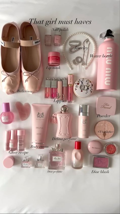 Wonyoungism Products, Pink Vibes Aesthetic, Aesthetic Makeup Bag, Dior Blush, Nail Polish Jewelry, Aesthetic Creative, Makeup Bag Essentials, Purse Essentials, Dior Perfume