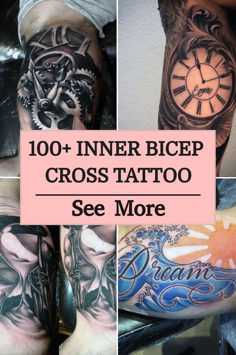 100+ Inner Bicep Cross Tattoo Tattoo For Biceps Men, Back Of Bicep Tattoo For Men, Inner Biceps Tattoo, Inner Bicep Tattoo Men Ideas Design, Bicep Cross Tattoo, Tattoo Men Bicep, Mens Bicep Tattoo, Faith Tatto, 3 Crosses Tattoo Men