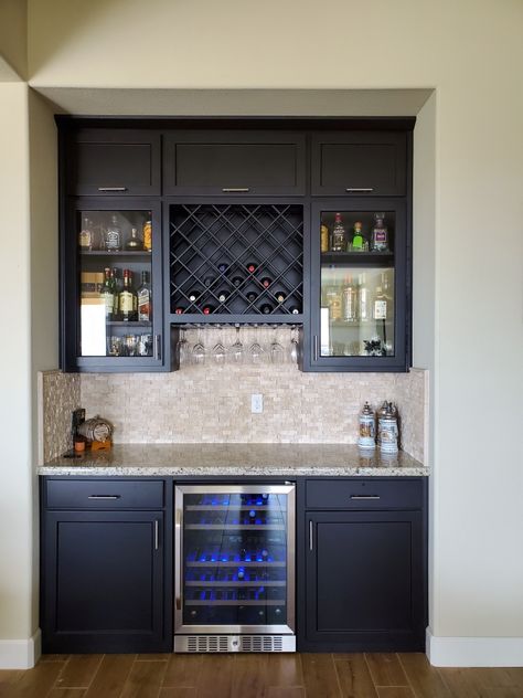 Home Bar With Storage, Wine Fridge And Coffee Bar, Mini Bar Station, Dry Bar Countertop Ideas, Bar Areas In Kitchen, Wet Bar With Wine Rack, Murphy Bar Indoor, Man Cave Wet Bar, Home Dry Bar Ideas