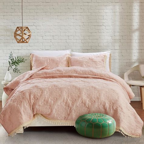 Arabi Tassles & Lace Quilt Set | Joss & Main Eclectic Studio Apartment, Peaceful Room, Pink Comforter Sets, Nyc Room, Lace Quilt, Remodel Furniture, Flower Comforter, Pink Comforter, Velvet Comforter