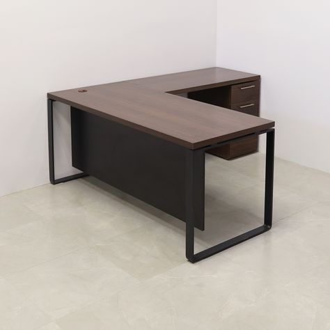 Introducing the Aspen L-Shape Executive Desk With Laminate Top. This classic desk is spacious and perfect for any office space. Is built to last with plywood and MDF covered by the durable laminate of your choice. His aluminum legs make it look professional and perfect for your workspace. You can add a built-in storage in the return section so you could have your workspace clean. Handmade in our warehouse this desk make a reliable addition to any space. Built with combination of commercial plywo L Shaped Wood Desk, L Shaped Desk Office, Office Furniture Layout, L Shaped Office Desk, L Shaped Executive Desk, Office Table Design, Classic Desk, Metal Furniture Design, Privacy Panels