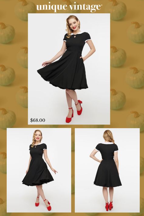 This delightful 1950s piece features a classic black fabric that beautifully contrasts with its crisp white collar and cuffs, bringing a touch of vintage elegance to your wardrobe. The playful front chest keyhole adds just the right hint of flirtation, while the flattering fit-and-flare silhouette celebrates your curves. With convenient side pockets, you can keep your essentials close without sacrificing style..Crinoline added for volume, sold separately..Available in sizes 4-16 while supplies last. | 1950S Black & White Collar Fit & Flare Dress | Size 12 Vintage Elegance, Size 16 Dresses, Collar And Cuff, White Collar, Fit Flare Dress, Black Fabric, Fit & Flare, Flare Dress, Unique Vintage