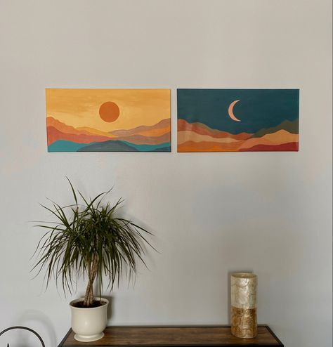 Horizontal side by side teal and orange camvas paintings. Sun and moon boho aesthetic Boho Horizontal Art, Horizontal Painting Ideas Easy, Two Paintings That Go Together, Horizontal Canvas Painting Ideas, Horizontal Painting Ideas, Sun And Moon Canvas, Boho Sun And Moon, Big Painting, Horizontal Painting