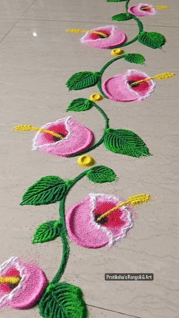 Rangoli For Corner, Small Flower Rangoli Designs Simple, Rangoli Designs Simple Diwali Free Hand, Laxmi Rangoli Designs Diwali, Rangoli Designs Easy Free Hand, Floral Rangoli Designs, Latest Rangoli Designs Creative, Side Rangoli, Small Free Hand Rangoli