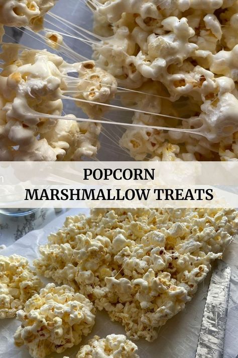 Popcorn marshmallow treats, strings of melted marshmallows, how to make popcorn marshmallow treats, popcorn marshmallow treats cut into squares. Popcorn Rice Krispy Treats, Popcorn Rice Krispie Treats, Marshmallow And Popcorn, Rice Krispie Popcorn, Rice Crispy Popcorn, Popcorn Krispie Treats, Popcorn Crispy Treats, Popcorn Marshmallow Recipes, Popcorn And Marshmallow Recipe