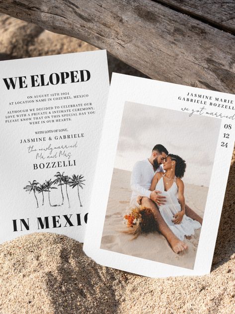 Did you run away to a tropical paradise and get married? Celebrate your special day and romantic elopement with this stunning announcement. This design features the a beachy setting, a photo of the couple, and all the details of your special day. Here's to many years of love and happiness! Beach Elopement Ceremony, Tropical Elopement, Elopement California, Wedding Announcement Cards, Crystals Wedding, Romantic Elopement, Elopement Announcement, We Get Married, Portugal Wedding