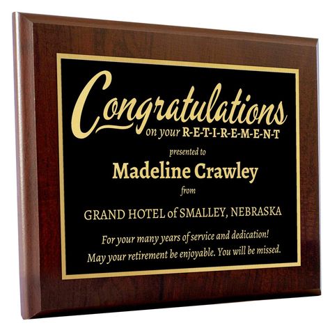 PRICES MAY VARY. Our congratulatory retirement award plaque is a beautiful way to show your appreciation to retiring employees, co-workers, and staff. We've made it easy to design! Just fill in the recipient name and your company name. We have a prewritten message of well wishes, but you can change that to your custom message if you would like. Select from 3 different styles including glass and wood with aluminum. Retirement Plaque, Retirement Plaques, Plaque Design, Award Plaque, Well Wishes, Company Names, Personal Message, Hard Work, Work On Yourself