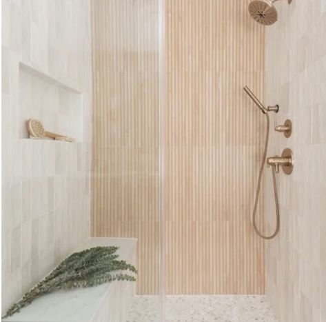 Pebble Tile Bathroom, Large Format Wall Tile, Ribbed Tile, Wood Tile Shower, Pebble Shower Floor, Wood Tile Bathroom, Bathroom 2024, Tile Backsplash Bathroom, Pebble Floor