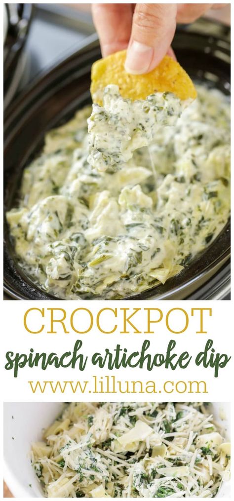 Crockpot Spinach Artichoke Dip, Crockpot Party Food, Crockpot Spinach, Crockpot Appetizers, Spinach And Artichoke Dip, Dip Recipes Easy, Superbowl Party Food, Spinach Artichoke Dip, Artichoke Dip