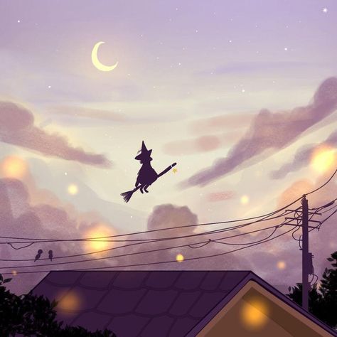 Witch Flying On Broom Full Moon, Witch Broom Art, Rooftop Illustration, Witch Flying On Broom, Art Imagination, Witch Flying, Adventure Anime, Purple Moon, Anime Witch