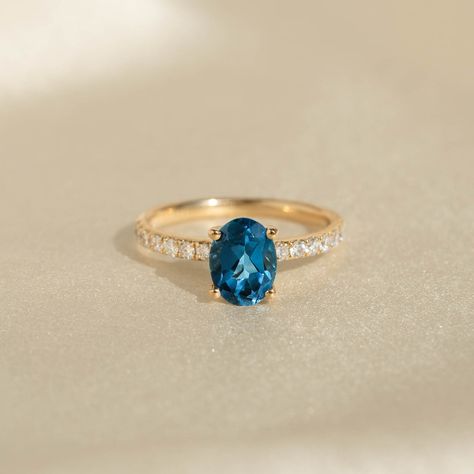 Oval London Blue Topaz and Diamond Ring 14k Gold - Minette Blue Oval Ring, Yellow Topaz Ring, Topaz And Diamond Ring, Blue Topaz Engagement Ring, Blue Topaz Gemstone, Topaz Engagement Ring, London Blue Topaz Ring, Blue Stone Ring, Oval Rings