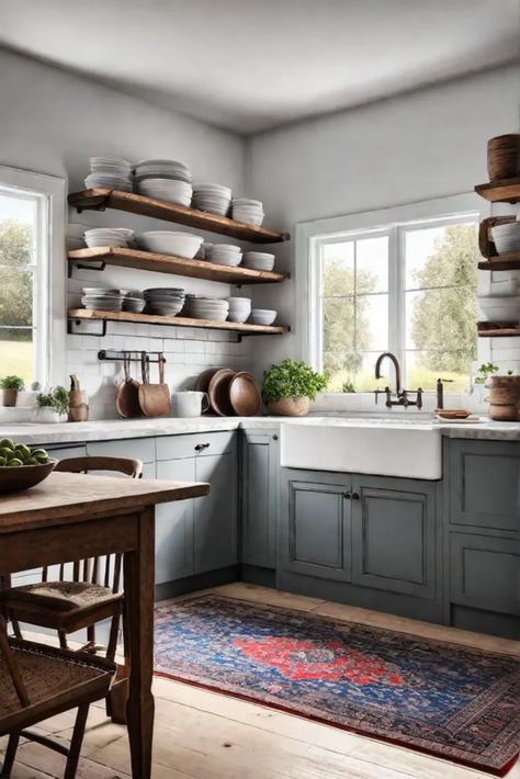 Farmhouse kitchen design with vintage rug and open shelving Open Shelf Cabinets Kitchen, Kitchen Remodel Open Shelving, No Top Cabinets Kitchen, Open Cabinets In Kitchen, Kitchen With Shelves Instead Of Cabinets, Kitchens With No Upper Cabinets Ideas, Open Cabinet Kitchen, No Upper Cabinets Kitchen, Kitchens With No Upper Cabinets