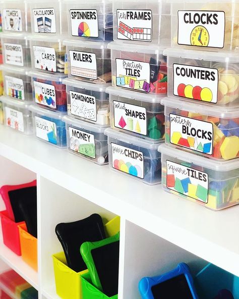 School Diy Ideas, Preschool Organization, Math Manipulative, Classroom Organization Elementary, Teaching Organization, Kindergarten Classroom Decor, Bin Labels, Elementary Classroom Decor, Homeschool Room