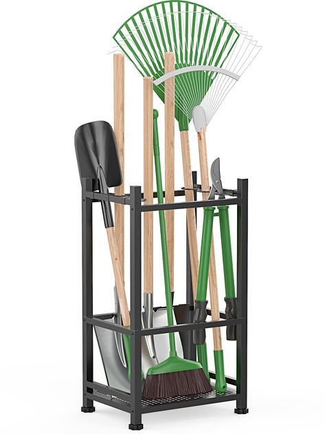 PRICES MAY VARY. STRONG CONSTRUCTION: Made of all-metal steel tubing and connected by heavy-duty screws, this garden tool organizer can hold up to 200 pounds, providing a sturdy and durable tool organization for gardening tools that need to be stored. Thanks to the coated surface, the garage tool organizer can be used in a variety of environments and won't rust even in wet conditions. WILL NOT TIP OVER: The head of garden tools is heavier, and the yard tool organizer on the market are stored in How To Store Shovels And Rakes, Wheelbarrow Storage Ideas, Garage Broom Storage, Garage Garden Tool Storage, Hanging Tools In Garage, Diy Outdoor Tool Storage, Lawn Tool Storage Ideas, One Car Garage Organization, Small Shed Organization Ideas