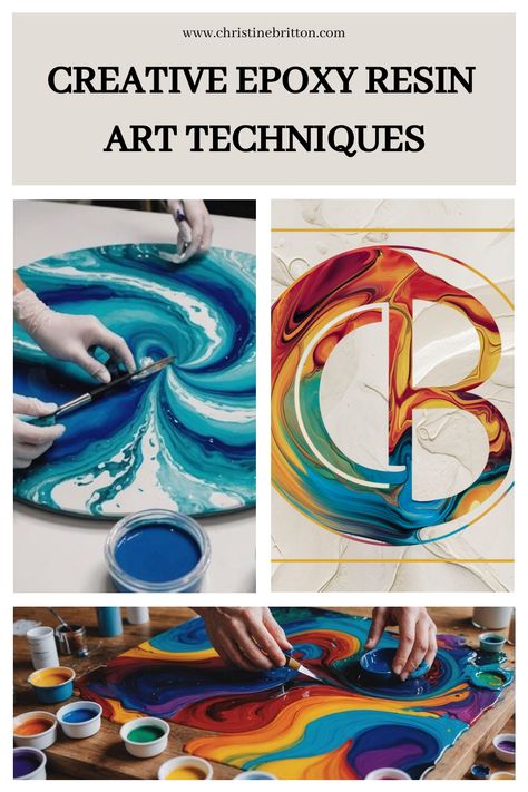 Creative epoxy resin art techniques displayed with photos of colorful resin artwork and hands creating a piece. Epoxy Resin Hacks, How To Color Epoxy Resin, Resin Crafts For Beginners Tutorial, Resin Pictures Diy Photo, Resin Art Beginners, Epoxy For Beginners, Easy Diy Resin Projects, Diy Epoxy Molds, Diy Resin Projects For Beginners