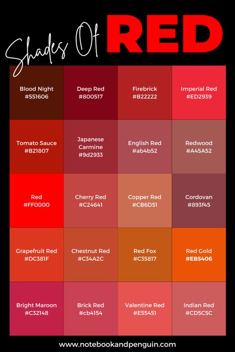 Red Hex Code Palette, Canva Color Palette Codes Red, Hunger Games Color Palette, Types Of Red Color, Red Pallet Color, Red Pallete Color, Red Hex Codes, Red Palette Color, Red Color Palette Colour Schemes