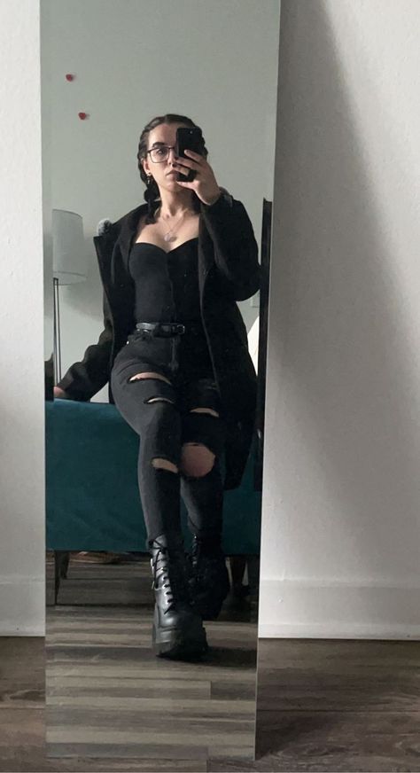 Black Jeans Goth Outfit, Black Demonia Boots Outfit, Goth Jeans Outfit, Demonia Boots Outfit, Demonia Outfit, Black Bodysuit Outfit, Goth Stuff, Demonia Boots, Spooky Chic