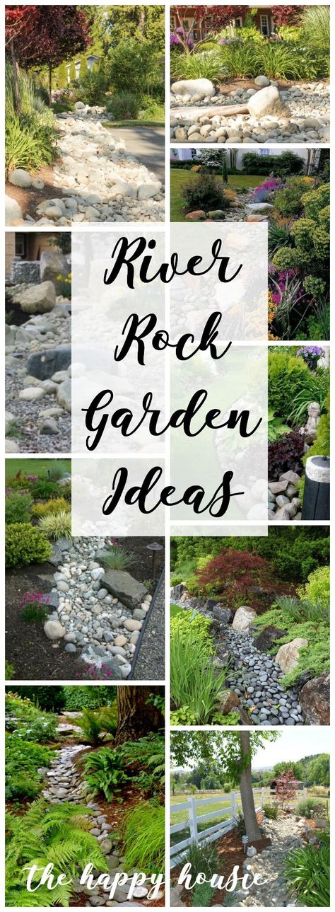 Landscaping with River Rock & Dry River Rock Garden Ideas | The Happy Housie River Rock Garden Ideas, Landscaping With River Rock, Dry Stream, Rock Garden Ideas, River Rock Garden, Rock Bed, Dry River, River Rock Landscaping, Rock Landscaping