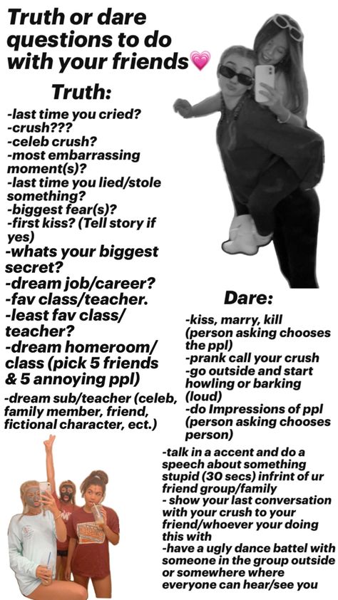 (Sry i couldn’t rlly fit that much i tried to make it as even as i could so don’t mind there is a little more truth options than dare)💗 Sleepover Ideas Truth Or Dare, Good Dare Ideas, Dares Over Facetime, Truth Or Dare With Friends, Truth Or Date Questions, Truth Or Dares For Teenagers, Crazy Truth Or Dare Questions, Risky Truth Or Dare Questions, Dares For Teenagers